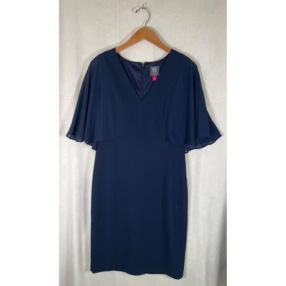 Vince Camuto Womens Size 8 Navy Shealth Dress Sheer Angel Flutter Sleeves Lined - Picture 9 of 14